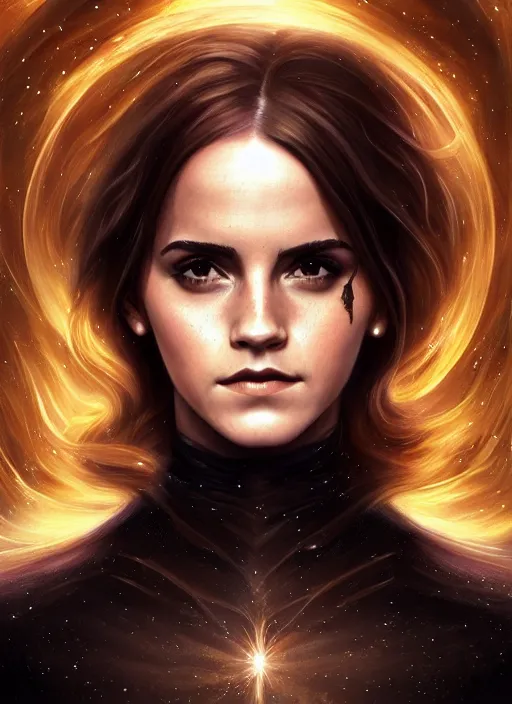 Image similar to emma watson as dark magic celestial, long hair, black, gold and transparent cloth, space, D&D, shiny background, intricate, elegant, highly detailed, digital painting, artstation, concept art, smooth, sharp focus, illustration, artgerm, bouguereau