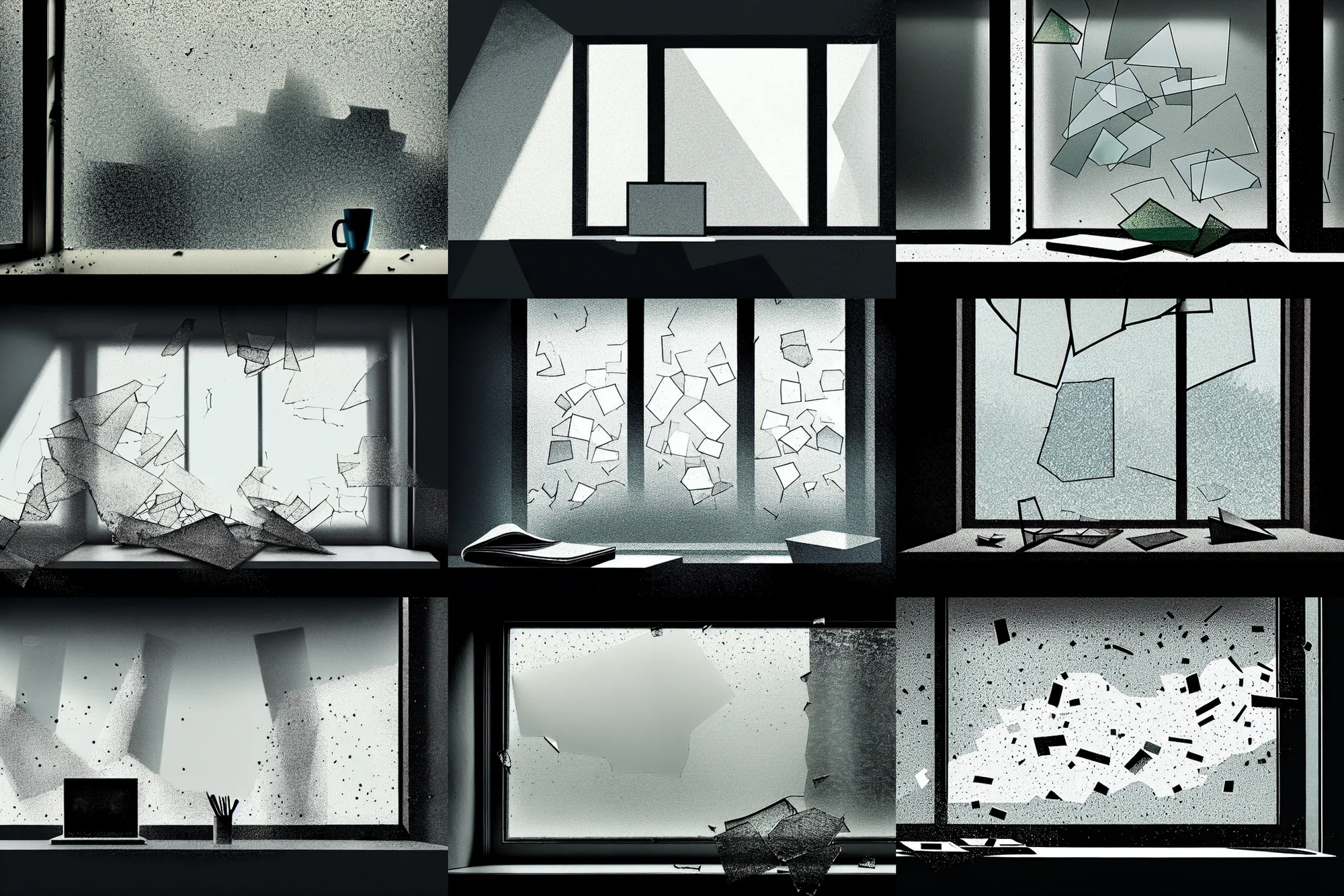 Prompt: editorial illustration by karolis strautniekas and mads berg, office interior, near a window, shards of broken glass sitting on a laptop, fog, fine texture, detailed, muted colors, dramatic lighting, dynamic composition, vivid, matte print, wide angle, ( ( sunbeams ) ), moody