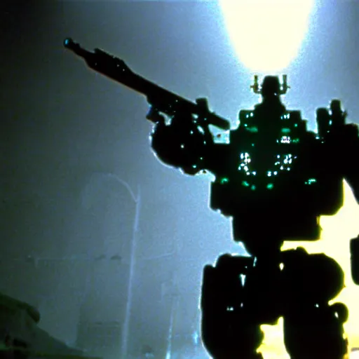 Prompt: metal gear mech, 1 9 8 7, movie still, wide shot, detailed, mechanical, dark green, dramatic lighting, 3 5 mm, film grain