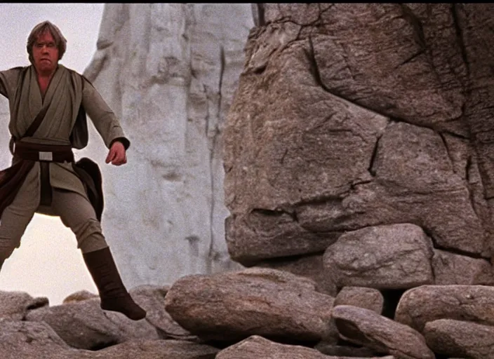 Image similar to epic still of Luke Skywalker using the force to levitate rocks above the ground in the air, ancient temple, from the 1980s film directed by Stanley Kubrick, cinematic lighting, kodak, strange, hyper real, stunning moody cinematography, with anamorphic lenses, crisp, detailed portrait, 4k image