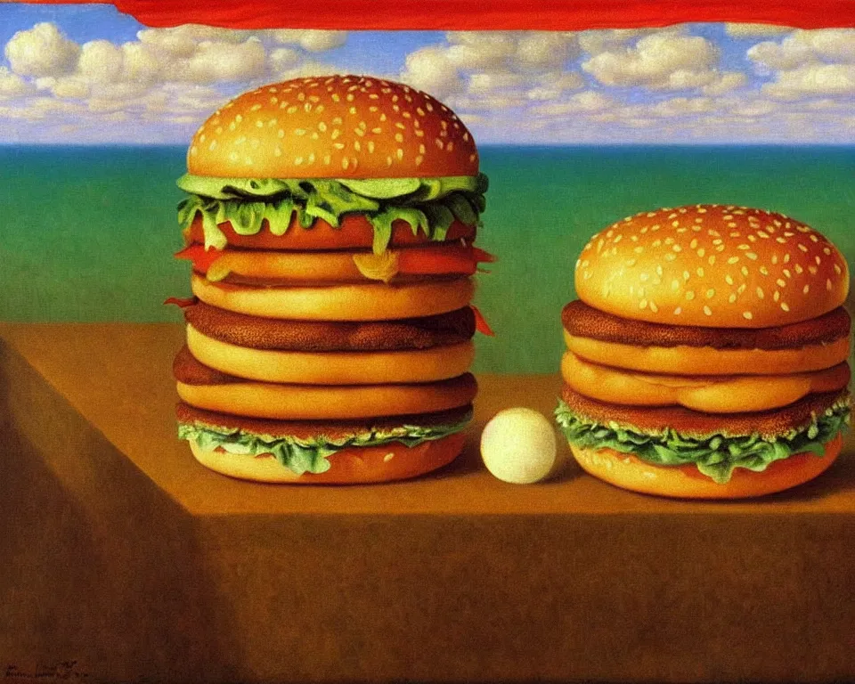 Image similar to achingly beautiful painting of a big mac by rene magritte, monet, and turner. whimsical.