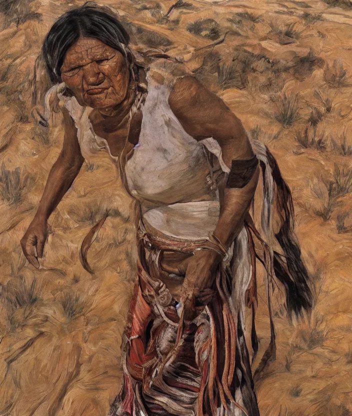 Image similar to full body shot picture of indigenous people woman leader in desert, painted by lucian freud, hd, super detailed, realistic, muted colors