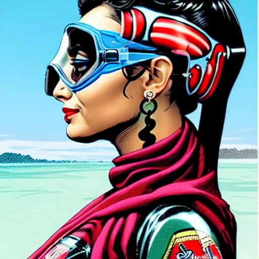 Image similar to a profile photo of a pakistani woman with a diving oxygen mask with side profile blood in ocean intricate details by MARVEL comics and Sandra Chevrier-C