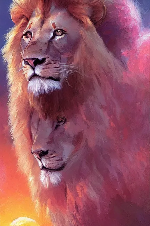 Image similar to spiritual twin flame lion art, pink sunset hue, highly detailed, oil painting hue, by craig mullins
