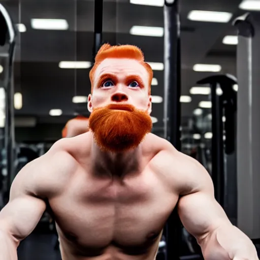 Prompt: 8 k insanely detailed high quality selfie photo of a ginger handsome gym bro making a kissy face at himself in the gym mirror, beautiful sexy handsome symmetrical face