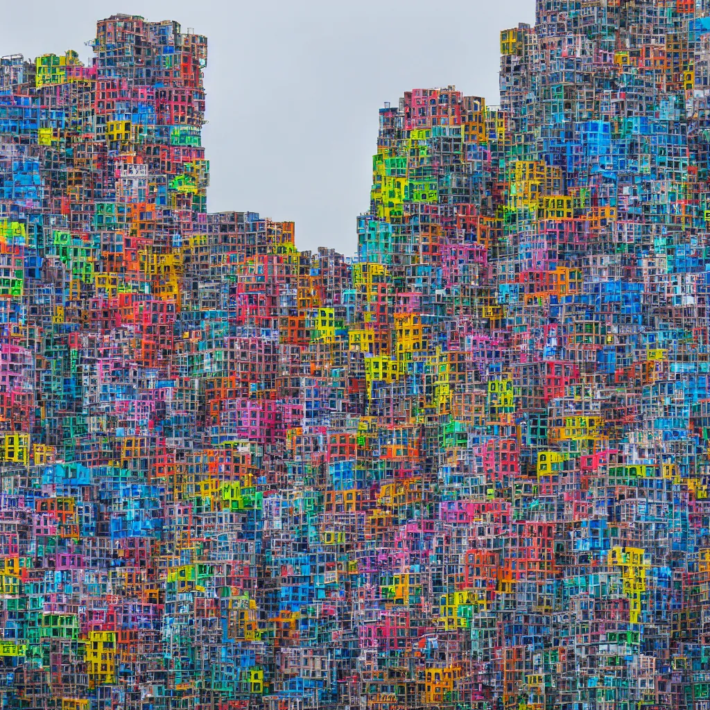 Prompt: three towers, made up of colourful makeshift squatter shacks, large vertical blank spaces, dystopia, sony a 7 r 3, f 1 1, fully frontal view, photographed by jeanette hagglund