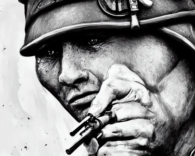 Image similar to A soldier aiming a gun, hateful face, world war 1, close-up, realistic face, beautiful face detail, mature facial features, black and white, amazing digital art, hyper detailed, artstation, in the style of Tony Sart