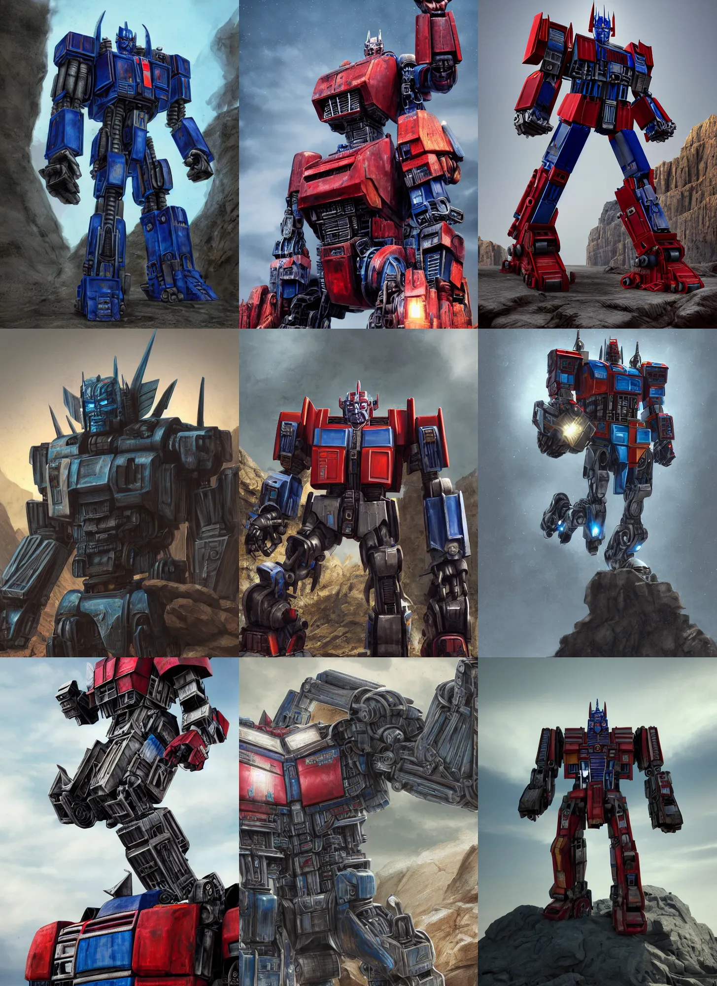 Prompt: character portrait of optimus prime from transformers standing in a rock quarry, daytime, digital painting, robot made of truck parts, robots trending on artstation, concept art, in the style of industrial light and magic, industrial light & magic, ilm, substance painter, painted texture maps, good value control, realistic textures, realistically proportioned body, octane render, 8 k