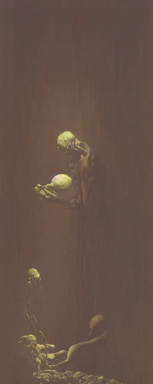 Image similar to dark figure tending to a dried flower in a dark room, zdzislaw beksinski, stephen gamell, 8 k, artstation