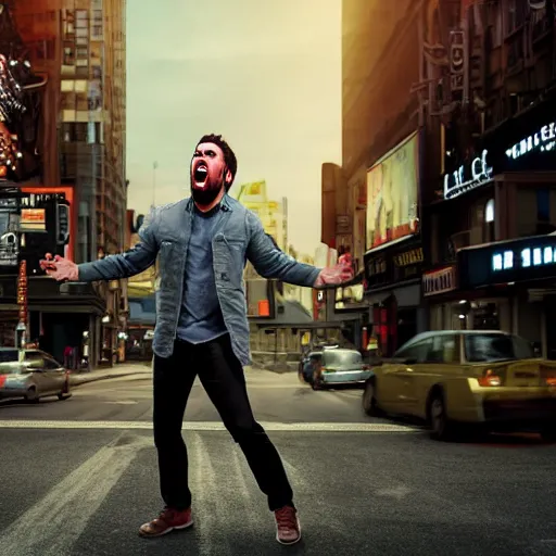 Image similar to broadway play poster of a young angry man screaming in the middle of street, high definition, highly detailed, photo-realistic, unreal engine render, 16k,