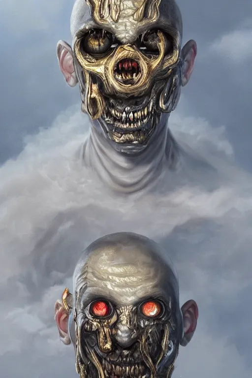 Prompt: Haunting horrifying detailed painting of a man made of cloudy smoke, golden teeth and glowing lens flare eyes, hyper detailed, trending on Artstation