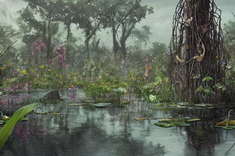 Image similar to hyperrealism, scene from louisiana swamps, starship, spring blooming flowers garden, true detective, 8 0 s japanese sci - fi books art