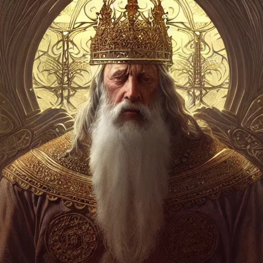 Image similar to ultra realistic illustration of a medieval old king, intricate, elegant, highly detailed, digital painting, artstation, concept art, smooth, sharp focus, illustration, art by artgerm and greg rutkowski and alphonse mucha