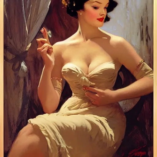 Image similar to portrait of a beautiful woman, intricate, elegant, highly detailed, by gil elvgren, greg manchess, mucha