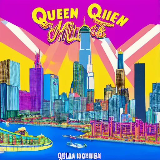 Image similar to queen of michigan invades chicago, illustrated by lisa frank, wide angle, scenic, radiant