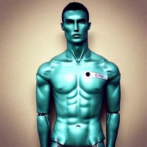 Image similar to “a realistic detailed photo of a guy who is an attractive humanoid who is half robot and half humanoid, who is a male android, Cristiano Ronaldo, shiny skin, posing like a statue, blank stare, press conference, on display”