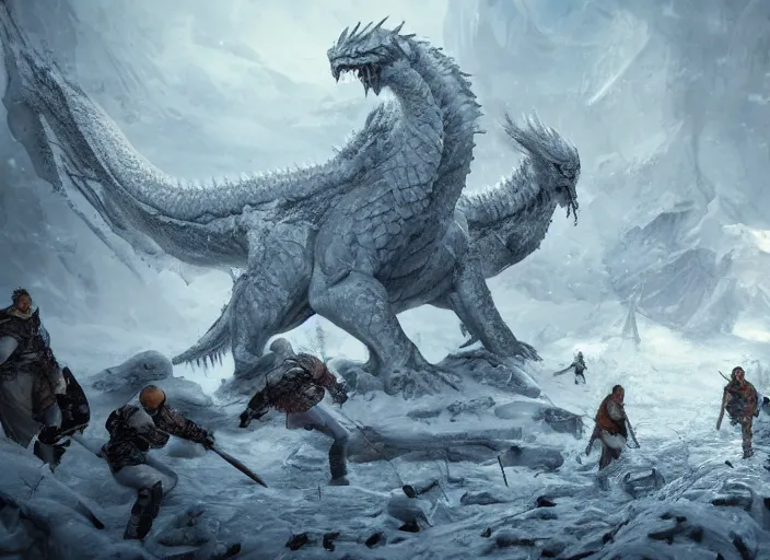 Image similar to a group of heroes in a snowy landscape next to a huge terrifying white dragon, intricate detail, indie game concept art, 8 k render, chaotic battle, trending on artstation