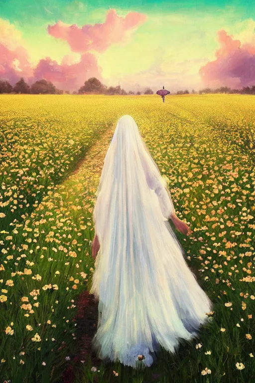 Prompt: giant white flower head, veil girl walking in a flower field, surreal photography, sunrise, dramatic light, impressionist painting, colorful clouds, digital painting, artstation, simon stalenhag