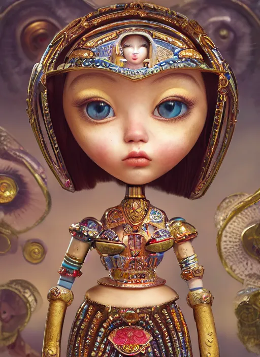 Prompt: closeup portrait of tin toy cleopatra bikin girl trap, depth of field, zeiss lens, detailed, symmetrical, centered, fashion photoshoot, by nicoletta ceccoli, mark ryden, lostfish, breathtaking, 8 k resolution, extremely detailed, beautiful, establishing shot, artistic, hyperrealistic, octane render