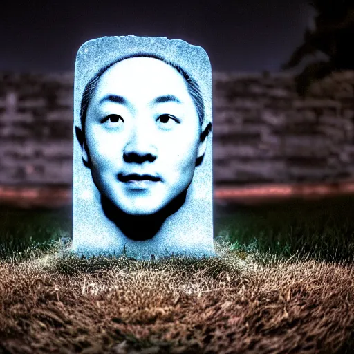 Image similar to a headstone with justin sun hologram, by annie leibovitz, shallow depth of field, cinematic lighting, dystopian futurism