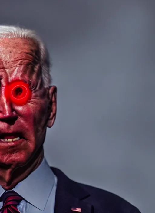 Image similar to hyper realistic ultra realistic horror terror dimensional photo furious glowing red eyes biden, high quality photo, detailed , 8k