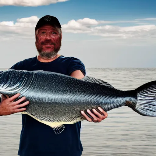 Prompt: A photo of a man holding the world's longest fish, realistic, ultra high detail, 8k.