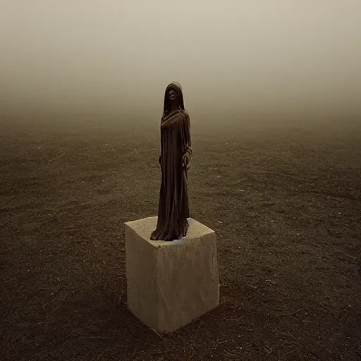 Image similar to A beautiful sculpture of a small figure standing in the center of a dark, foreboding landscape. The figure is surrounded by strange, monstrous creatures, and there is a feeling of unease and dread. Gucci, liminal space by Elizabeth Gadd monumental