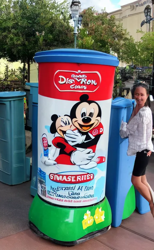 Image similar to Karen on a billboard advertising Disney trash cans