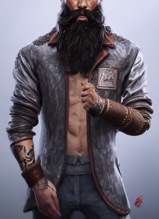 Image similar to a highly detailed illustration of bearded asian man wearing leather jacket with bandaged right hand, focused boxing philly shell stance pose, hands shielding face, intricate, elegant, highly detailed, centered, digital painting, artstation, concept art, smooth, sharp focus, league of legends concept art, WLOP