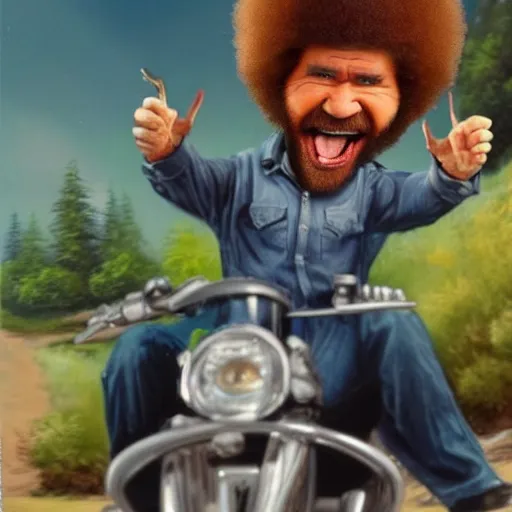 Image similar to bob ross screaming on back of a motorcycle