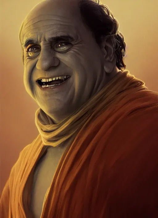 Image similar to Portrait of Danny DeVito, cloak, male, fantasy, extremely detailed, digital painting, artstation, concept art, smooth, sharp focus, illustration, stunning lighting, art by artgerm and greg rutkowski and alphonse mucha and simon stalenhag, realistic character concept, high fantasy, dark atmosphere, golden ratio, cinematic lighting, hyperdetailed, high resolution, insanely detailed and intricate, artstation, Marc Simonetti, Greg Rutkowski, 8k