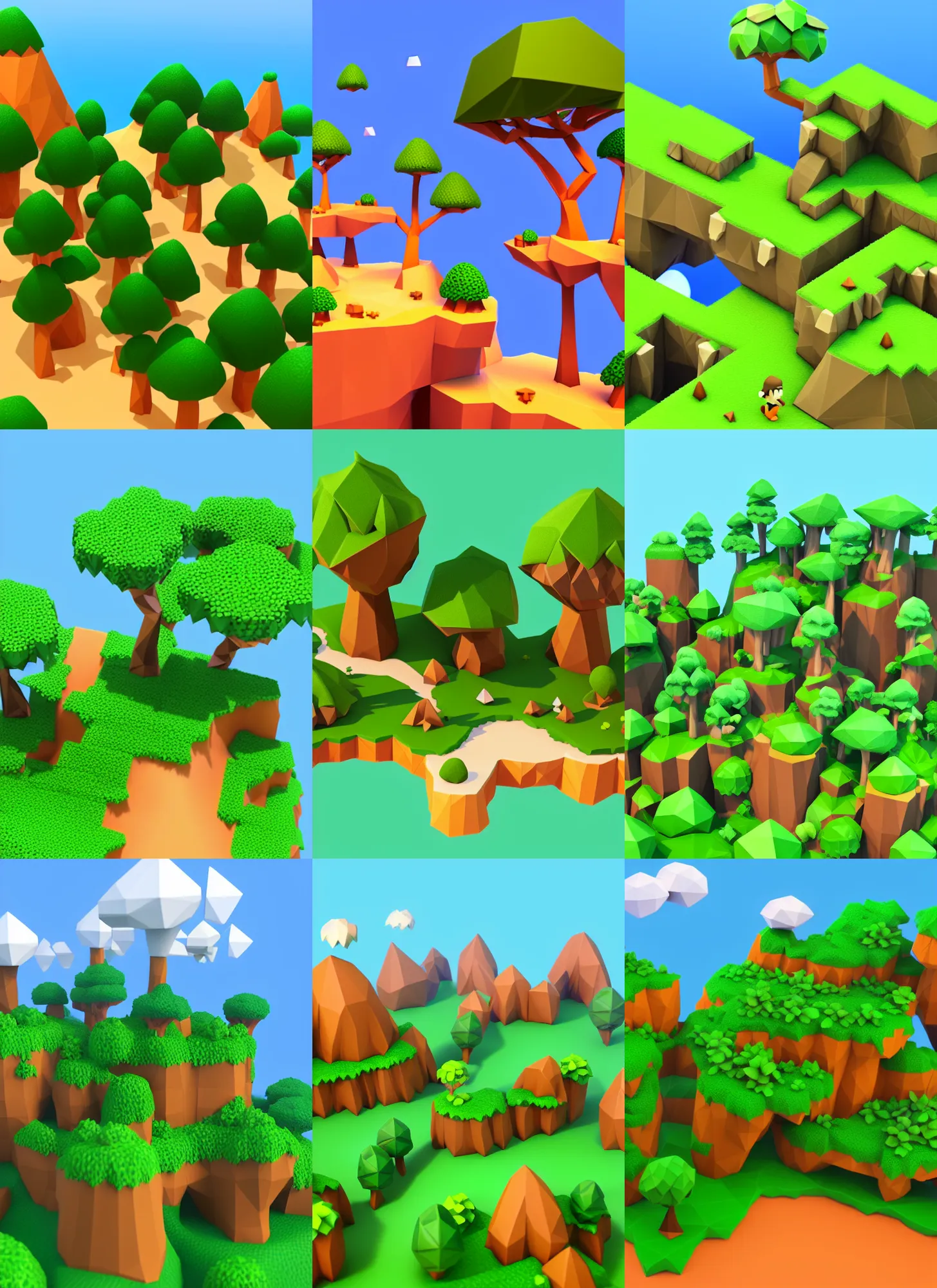 Prompt: a low poly landscape platformer render of jungle socotra island with cute trees in the style of super mario intric