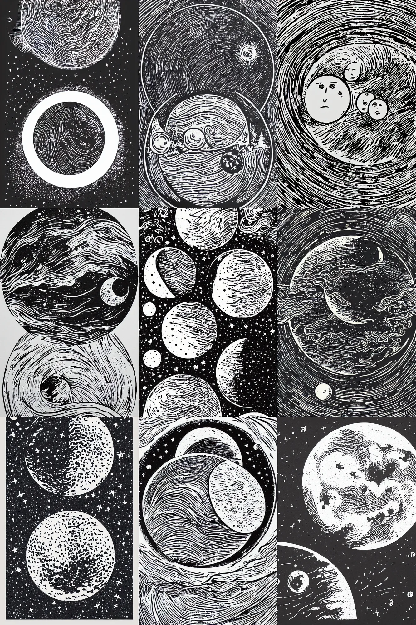 Prompt: The phases of the moon, lino cut, trending on artstation, artstationHD, artstationHQ, 4k, 8k