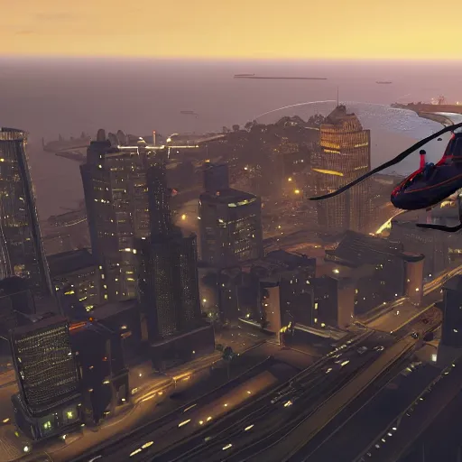 Image similar to Helicopter above a night city in GTA 5, cover art by Stephen Bliss, boxart, loading screen