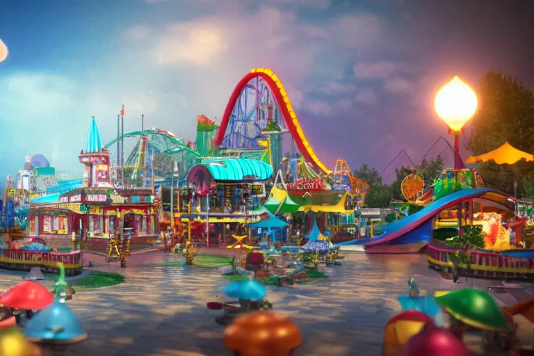 Prompt: miniature of amusement Park, volumetric lighting, macro shot, Octane Render, Artstation