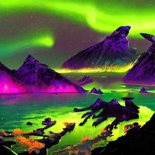 Image similar to wide wide photo of northern Lights in hell (((dynamic neon lighting)) in chromatic dmt trippy lake with glowing birds, mountains, elegant, highly detailed, sharp focus, illustration, beautiful, geometric, trending on artstation, cinematic, artwork by Tran, Ross and Aivazovsky, Ivan