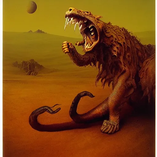 Image similar to manticore prowling in the dessert, concept, lion head and body, scorpion tail, beksinski