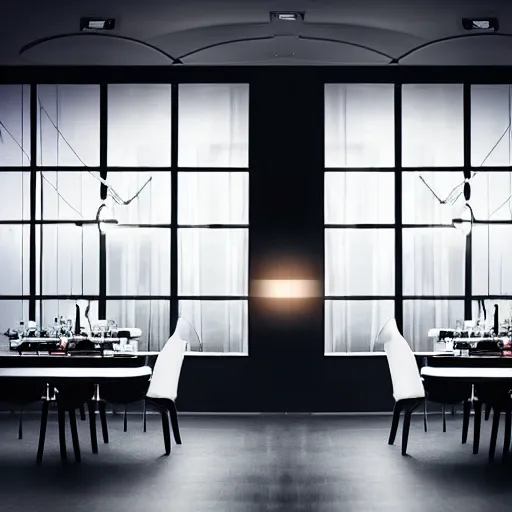 Image similar to couple dining modern high end designer restaurant at night in the foggy rain, symmetrical art deco office building with organic lighting, moody, epic composition, professional photograph, highly detailed, warm lighting interior, large windows, dramatic lighting