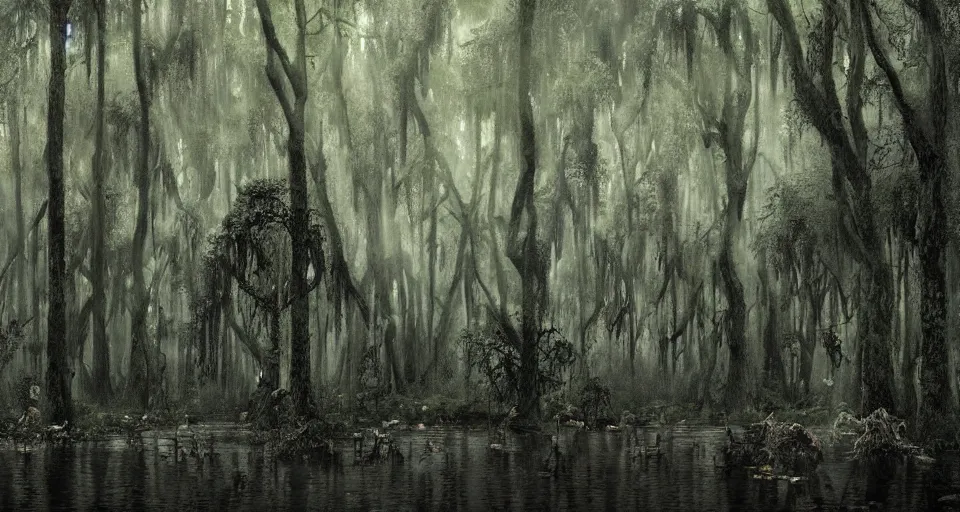 Prompt: A dense and dark enchanted forest with a swamp, by André François