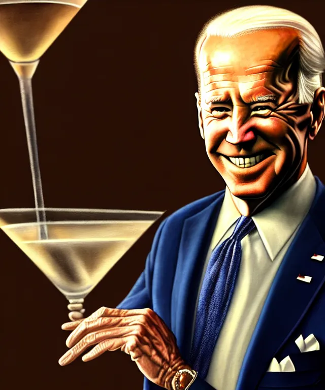 Prompt: hyperrealistic mixed media painting of Joe Biden at a classy party, dimly lit 1920s speakeasy, formal attire, martini glass in hand, stunning 3d render inspired art by P. Craig Russell and Barry Windsor-Smith + perfect facial symmetry + dim volumetric lighting, 8k octane beautifully detailed render, post-processing, extremely hyperdetailed, intricate, epic composition, grim yet sparkling atmosphere, cinematic lighting + masterpiece, trending on artstation, very very detailed, masterpiece, stunning