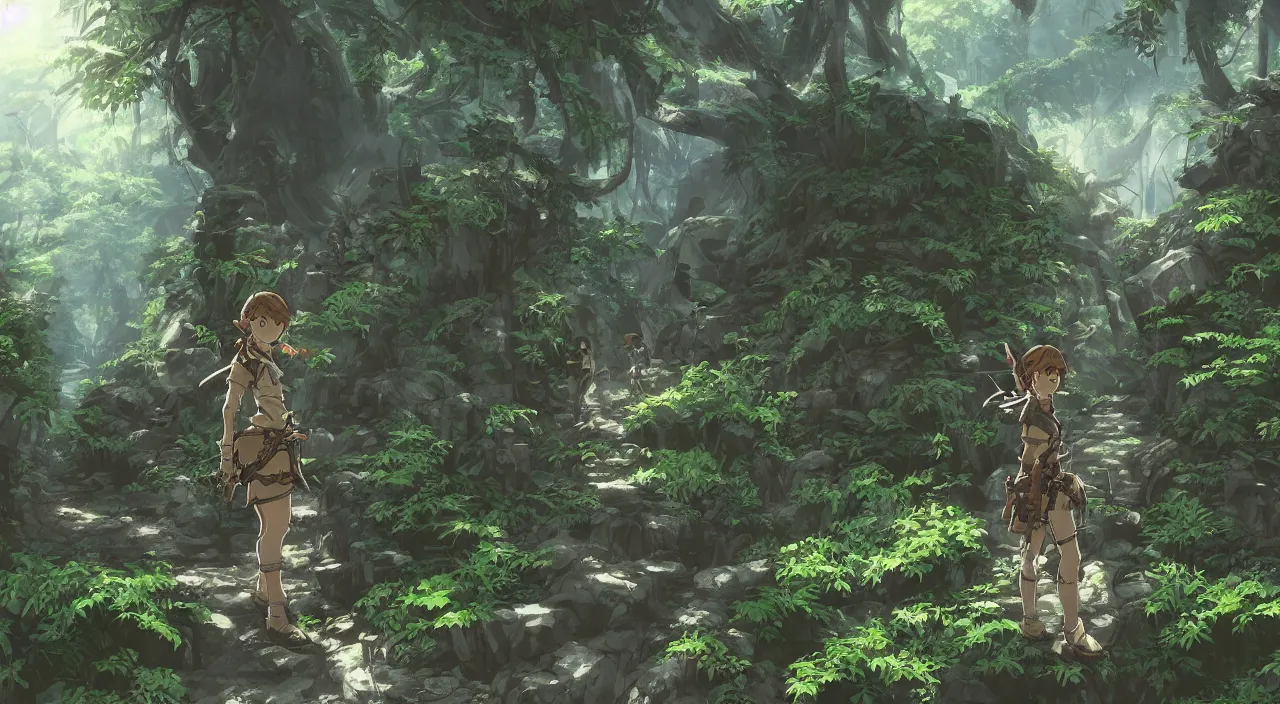 Image similar to animation concept art, Breath of the wild + studio ghibli style, Shinkai Makoto, yoji shinkawa, amazing steampunk alleyway between Japanese temples of Kyoto, mysterious, lush vegetation and fern, rule of thirds, dramatic lighting, landscape, beautiful, gorgeous, hyper detail, 8k, octane render, animated art, cinematic, trending on artstation