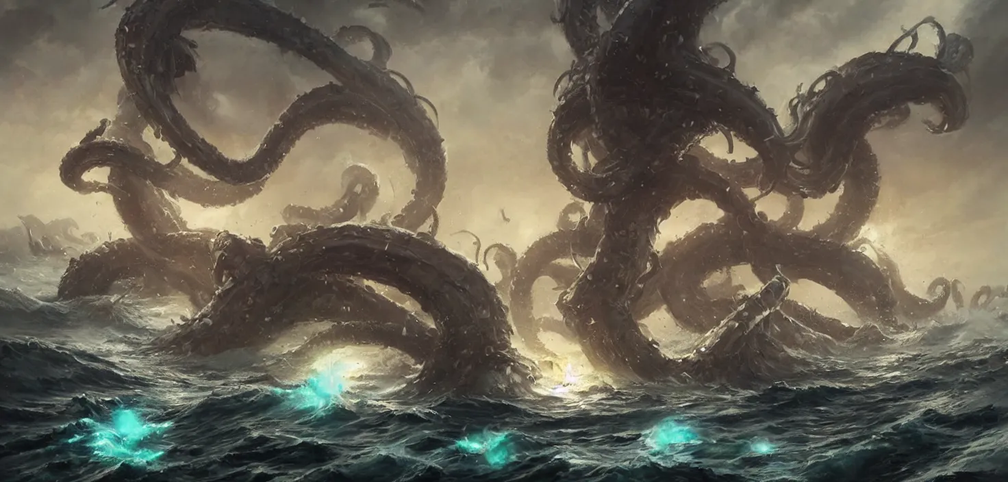 Prompt: kraken destroying ships, tentacles rising from the sea, magic the gathering art, art by greg rutkowski, fantasy rpg, league of legends