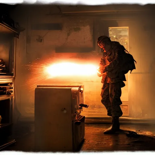 Image similar to soldier with toaster oven augmentation, dark messy smoke - filled cluttered workshop, dark, dramatic lighting, orange tint, sparks, cinematic, highly detailed, sci - fi, futuristic, movie still