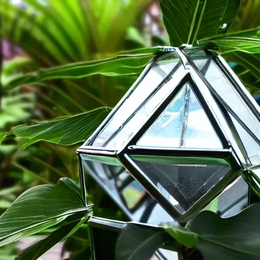 Prompt: high quality dslr photograph of a highly reflective chrome octahedron in a tropical greenhouse. super resolution. Extremely detailed