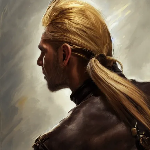 Prompt: rear side portrait of a muscular, ponytail haired blonde man with a steel left arm, wearing a brown leather coat, ponytail hair, DnD, fantasy, digital art by Ruan Jia