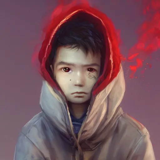 Image similar to a boy in a hoodie, red eyes, a burning house in the background, by Stanley Artgerm Lau, WLOP, Rossdraws, James Jean, Andrei Riabovitchev, Marc Simonetti, Yoshitaka Amano, ArtStation, CGSociety,