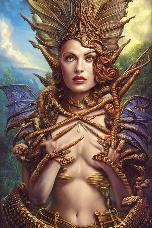 Image similar to Mystical Valkyrie, Portrait of a beautiful female Atlantean Reptilian Warrior, Realistic, Regal, Refined, Detailed Digital Art, Michael Cheval, Walt Disney (1937), François Boucher, Oil Painting, Steampunk, Highly Detailed, Cinematic Lighting, Unreal Engine, 8k, HD