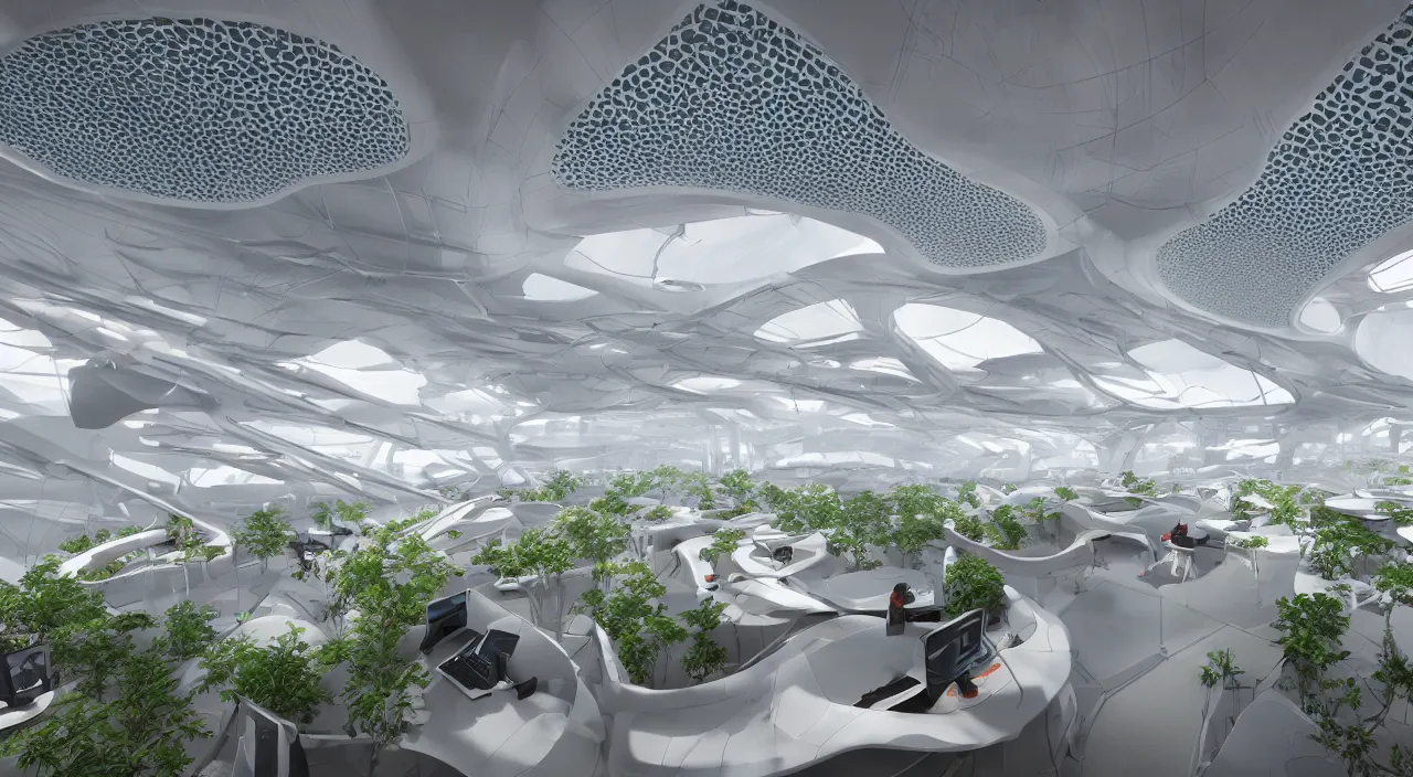 Image similar to futuristic open office with parks and plants, glowing computer screens, made with glossy white plastic and large windows and voluminous light and light rays, extremely intricate, very detailed, in style of zaha hadid, artstation, octane render, with reds and oranges, cinematic lighting