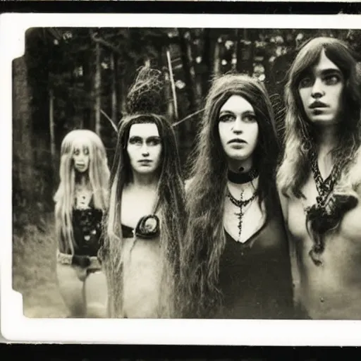 Image similar to 1969, witchcraft, psychedelic hippies, goths, long-haired witch, coven, rockers, rural New York, Polaroid