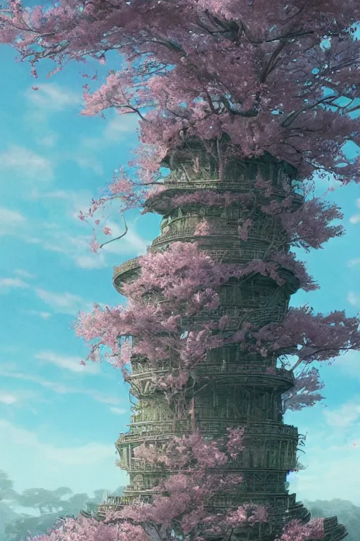 Image similar to hyperdetailed ancient wizard tower with sakura trees, cinematic highly detailed artstation hyperstylized illustrated by moebius and yoshitaka amano